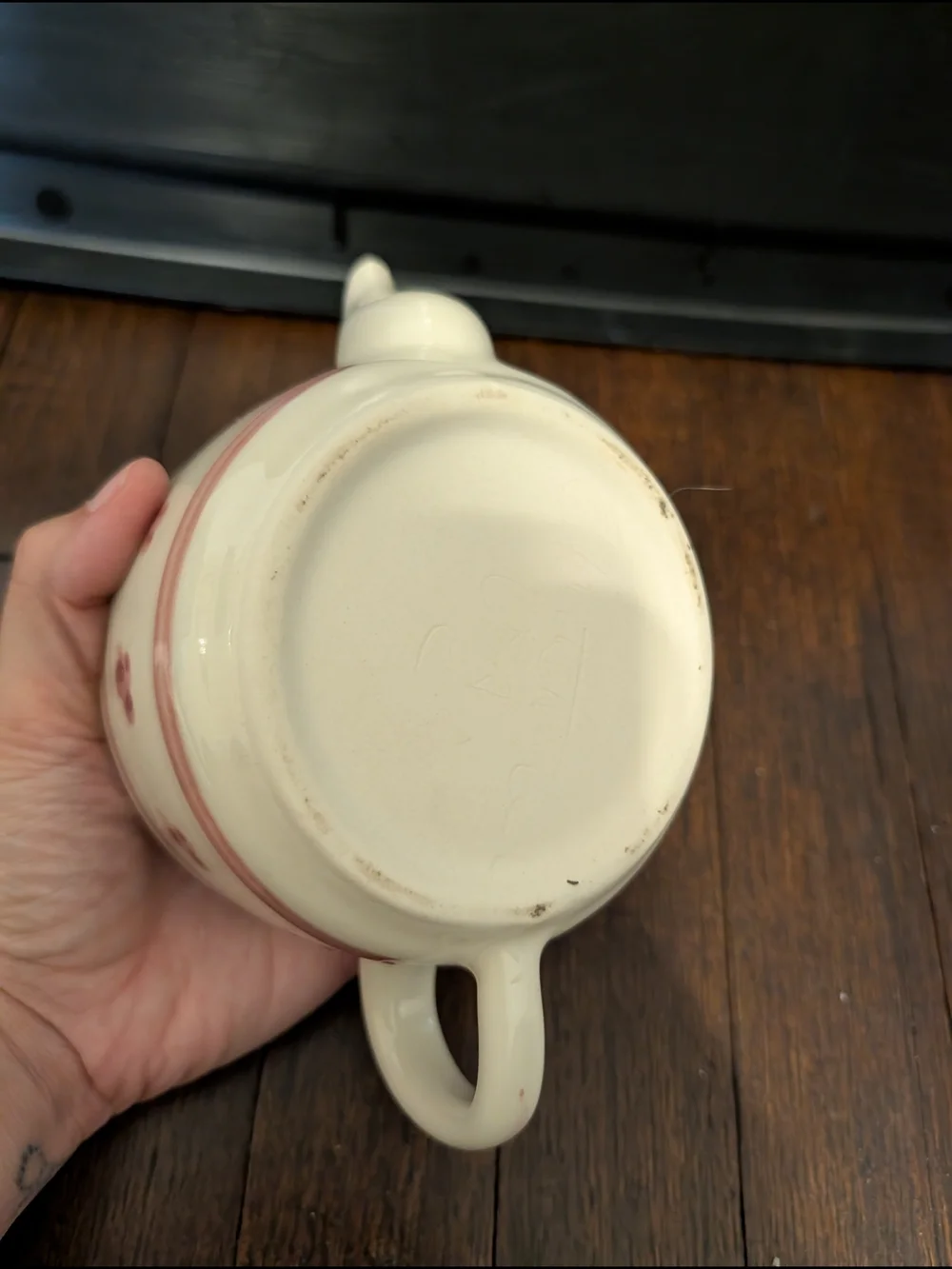 Vintage Cream Ceramic Teapot with Pink Band and Floral Motif